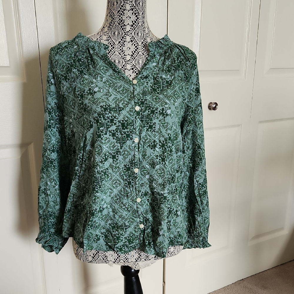 Style & Co. Green Long Sleeve Ruffled Collar Button Down Shirt
